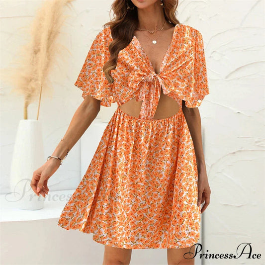 Flower Pattern Rayon Deep Bow Neck Short Sleeve Seductive Hollow Out Mini Boho Dress Orange / M bohodress-250126