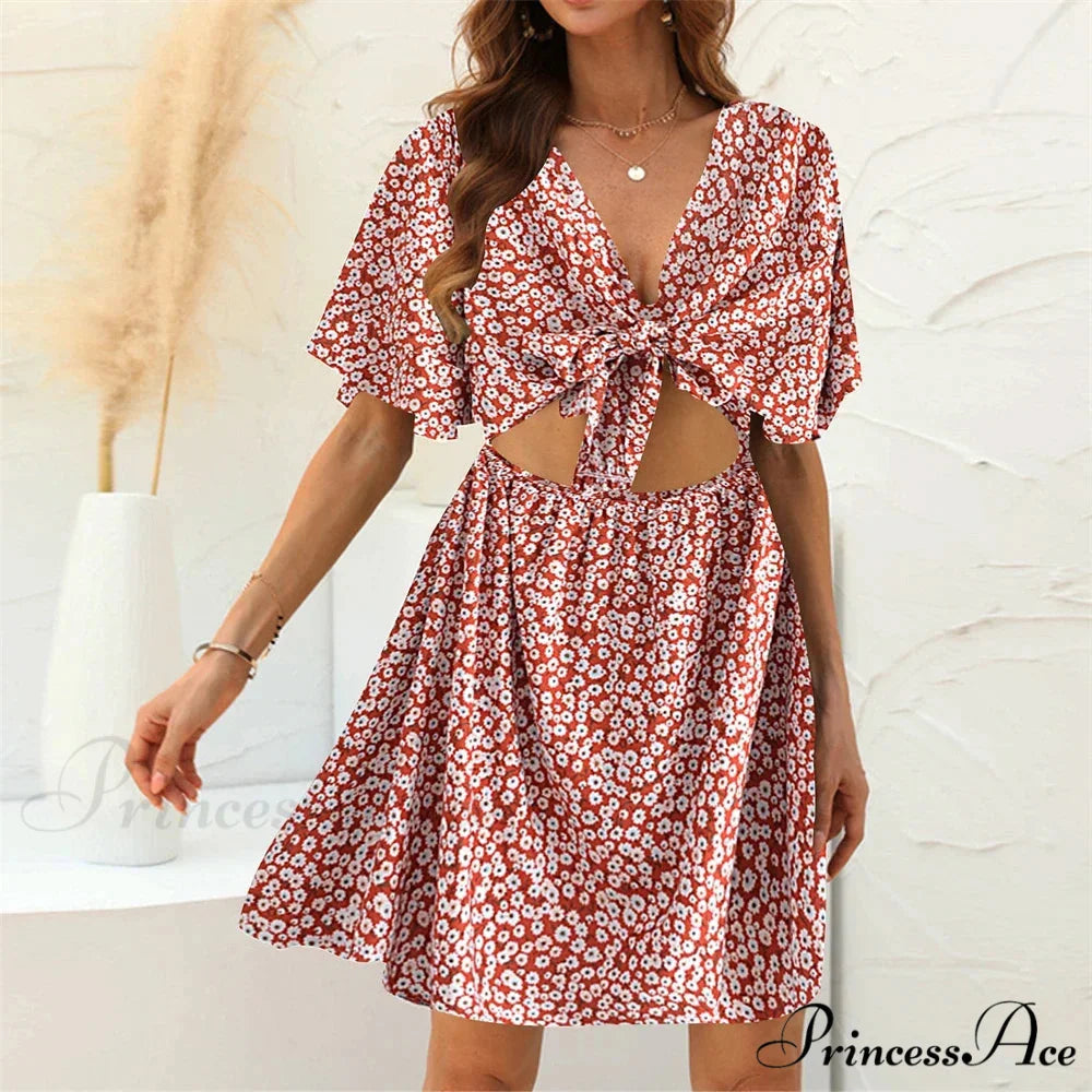 Flower Pattern Rayon Deep Bow Neck Short Sleeve Seductive Hollow Out Mini Boho Dress Red / M bohodress-250126