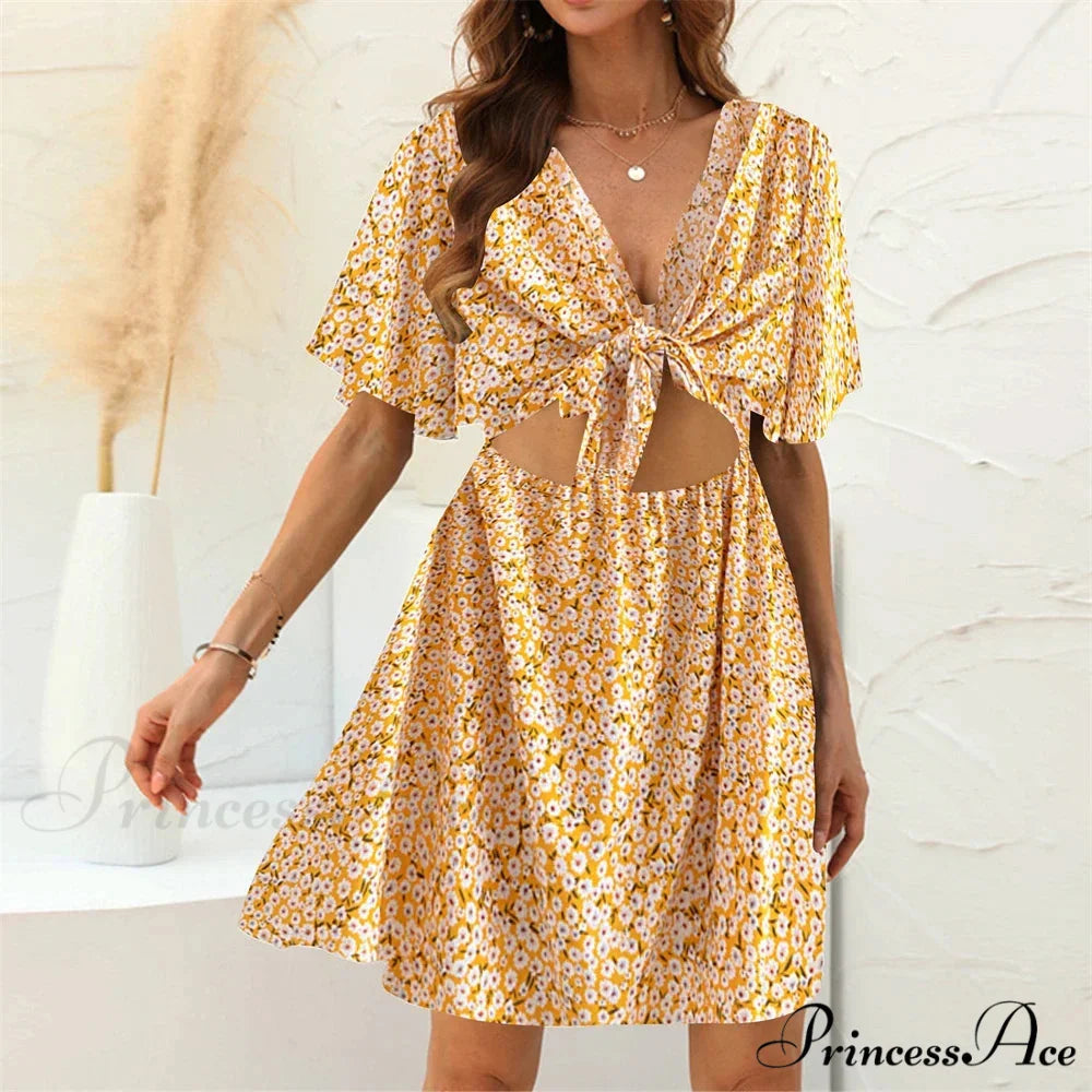 Flower Pattern Rayon Deep Bow Neck Short Sleeve Seductive Hollow Out Mini Boho Dress Yellow / M bohodress-250126