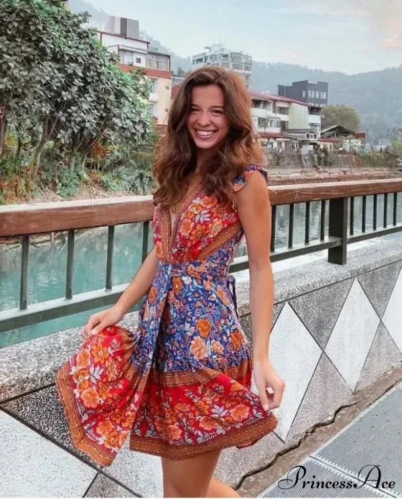 Flower Pattern Rayon Wrap Short Sleeve Seductive Holiday Mini Boho Dress Navy / S bohodress-250126