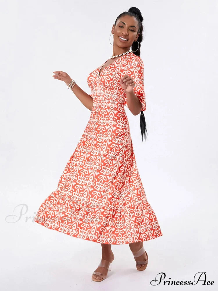 Flower Pattern Seaside Midi Informal Flare Sleeve A-Line Frilled Flower Dress floraldress-250126