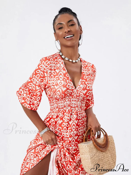 Flower Pattern Seaside Midi Informal Flare Sleeve A-Line Frilled Flower Dress floraldress-250126