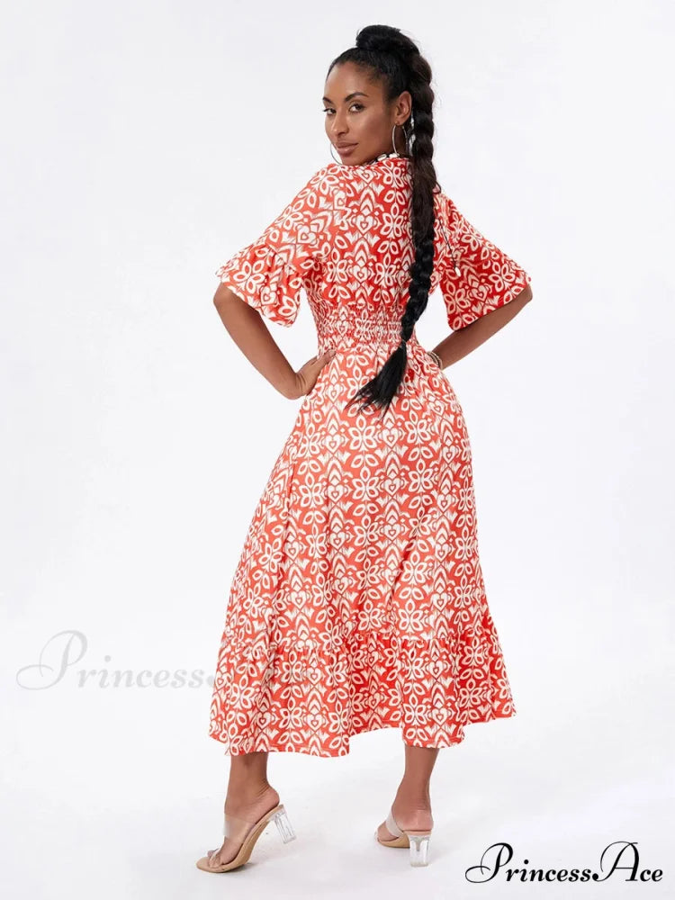 Flower Pattern Seaside Midi Informal Flare Sleeve A-Line Frilled Flower Dress floraldress-250126