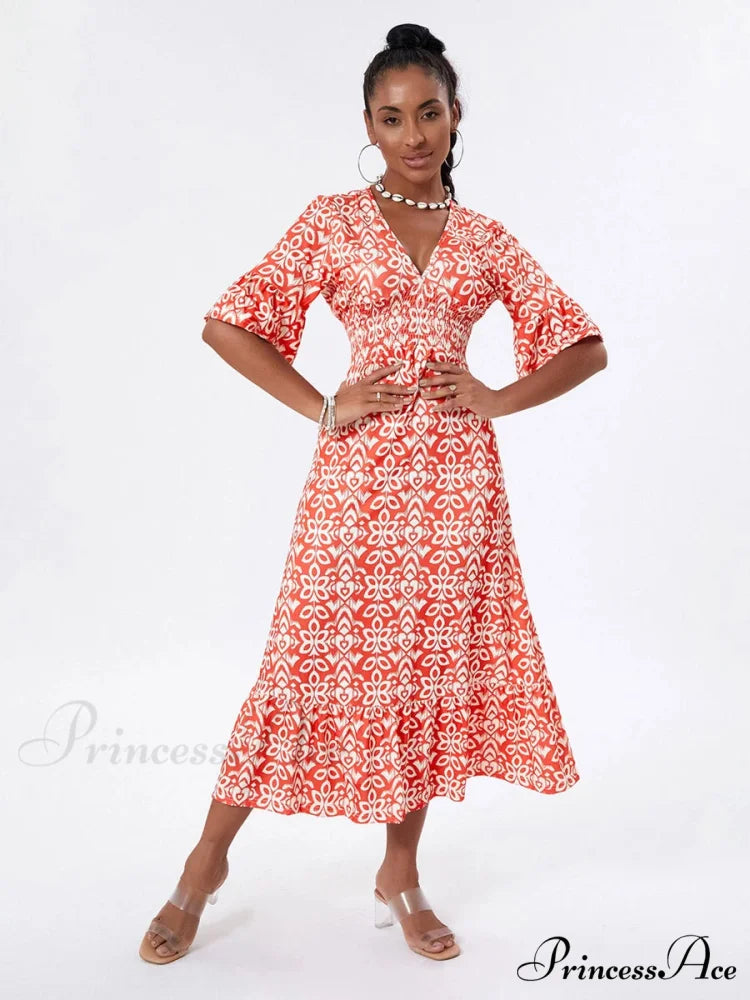 Flower Pattern Seaside Midi Informal Flare Sleeve A-Line Frilled Flower Dress floraldress-250126