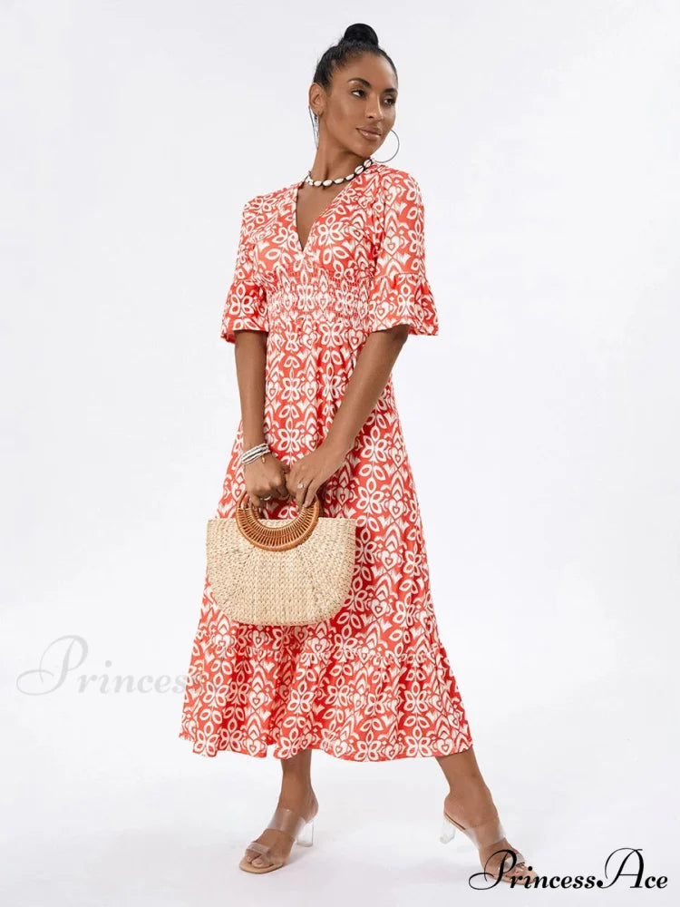 Flower Pattern Seaside Midi Informal Flare Sleeve A-Line Frilled Flower Dress floraldress-250126