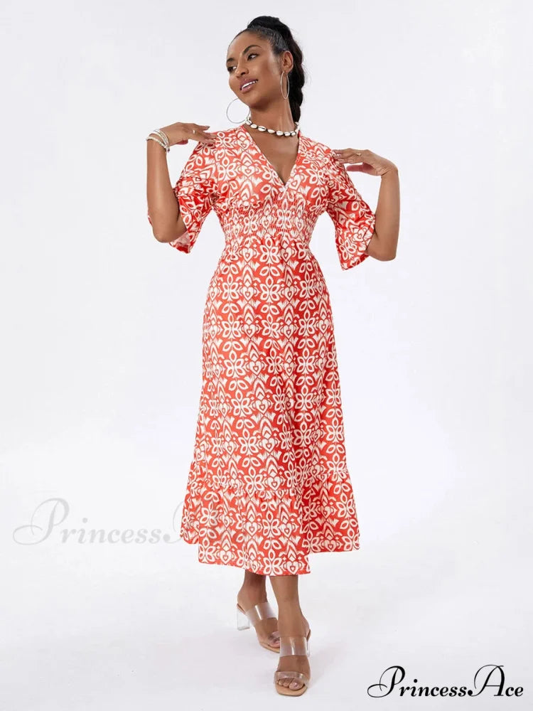 Flower Pattern Seaside Midi Informal Flare Sleeve A-Line Frilled Flower Dress floraldress-250126