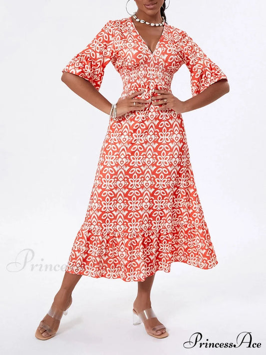 Flower Pattern Seaside Midi Informal Flare Sleeve A-Line Frilled Flower Dress Red / S floraldress-250126