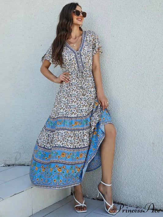Flower Pattern Short Sleeve Button Loose Fringe V-neck Maxi Boho Dress Beige / S bohodress-250126