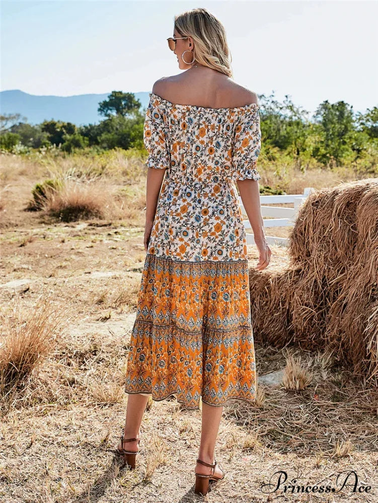 Flower Pattern Short Sleeve Off Shoulder Long Boho Dress bohodress-250126