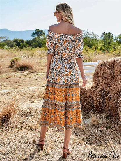 Flower Pattern Short Sleeve Off Shoulder Long Boho Dress bohodress-250126