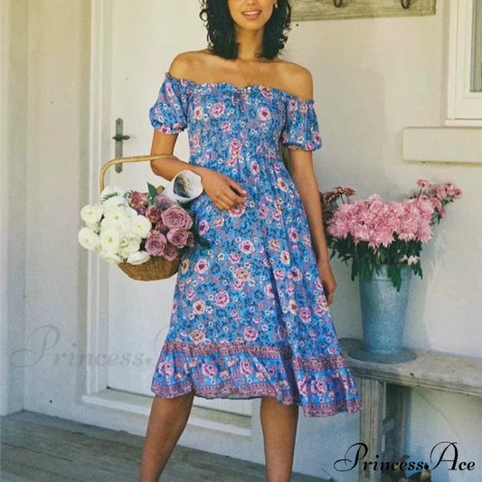 Flower Pattern Short Sleeve Seductive Off Shoulder Holiday Midi Boho Dress Purple / XS bohodress-250126