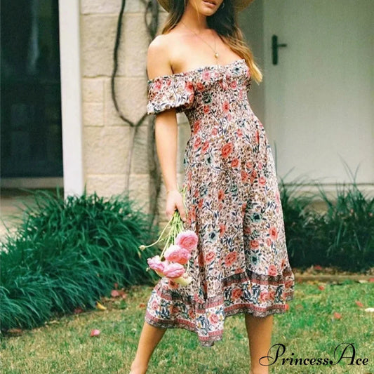 Flower Pattern Short Sleeve Seductive Off Shoulder Midi Boho Dress bohodress-250126