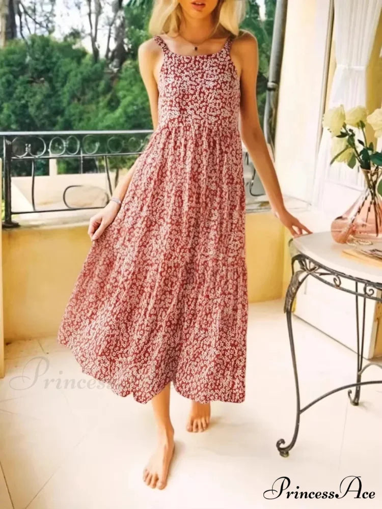 Flower Pattern Sleeveless Open-Back Rayon Holiday Maxi Bohemian Dress Red Floral / S bohodress-250126