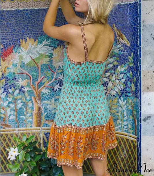 Flower Pattern Sleeveless Stretchy Waist Bandeau Rayon Boho Dress bohodress-250126