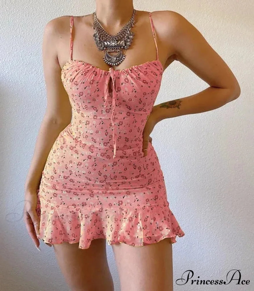 Flower Pattern Spaghetti Strap Deep V Lace-up Flounced Flower Dress Pink / S floraldress-250126
