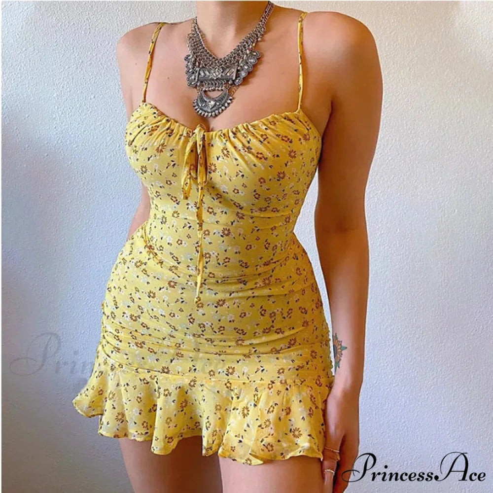 Flower Pattern Spaghetti Strap Deep V Lace-up Flounced Flower Dress Yellow / S floraldress-250126