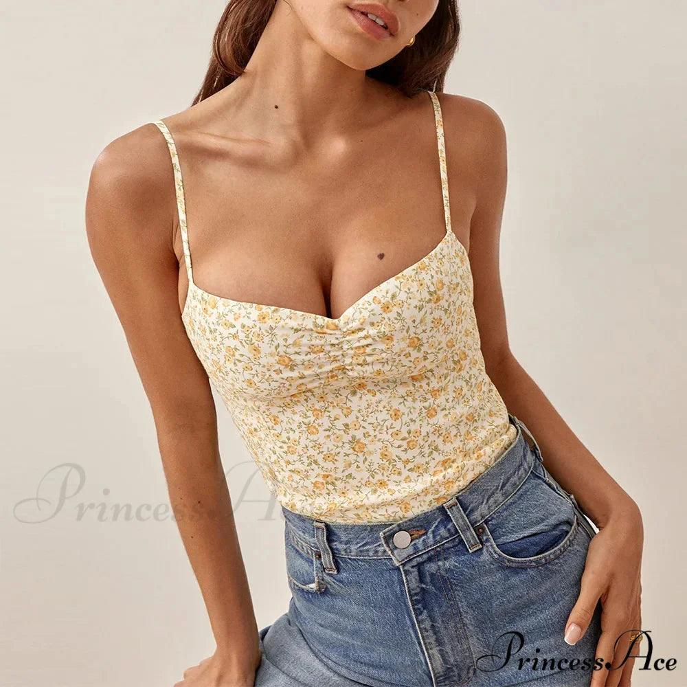 Flower Pattern Sweetheart Neck Gathered Spaghetti Strap Camisole YELLOW / S croptop-250126