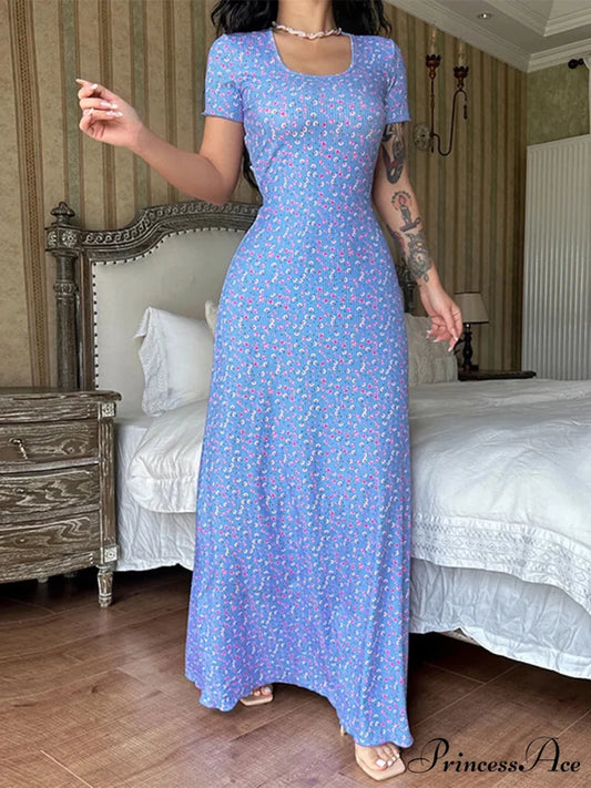 Flower Pattern T-Shirt Fasten Back U-neck A-Line Long Flower Dress Blue1 / S floraldress-250126