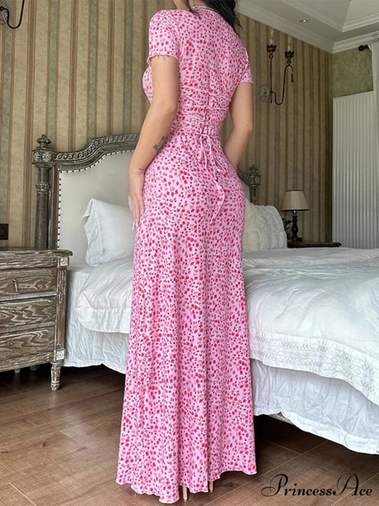 Flower Pattern T-Shirt Fasten Back U-neck A-Line Long Flower Dress floraldress-250126