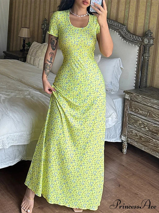 Flower Pattern T-Shirt Fasten Back U-neck A-Line Long Flower Dress floraldress-250126