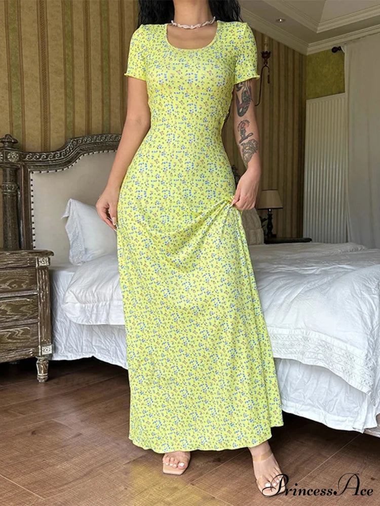 Flower Pattern T-Shirt Fasten Back U-neck A-Line Long Flower Dress green1 / S floraldress-250126