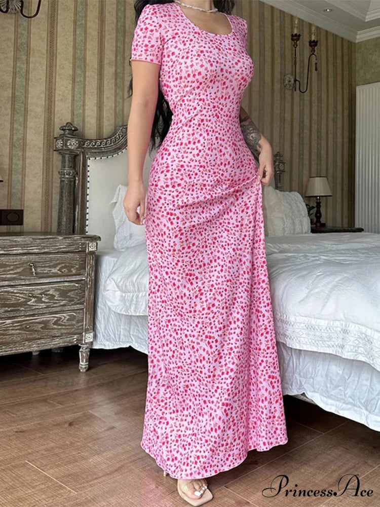 Flower Pattern T-Shirt Fasten Back U-neck A-Line Long Flower Dress pink1 / S floraldress-250126