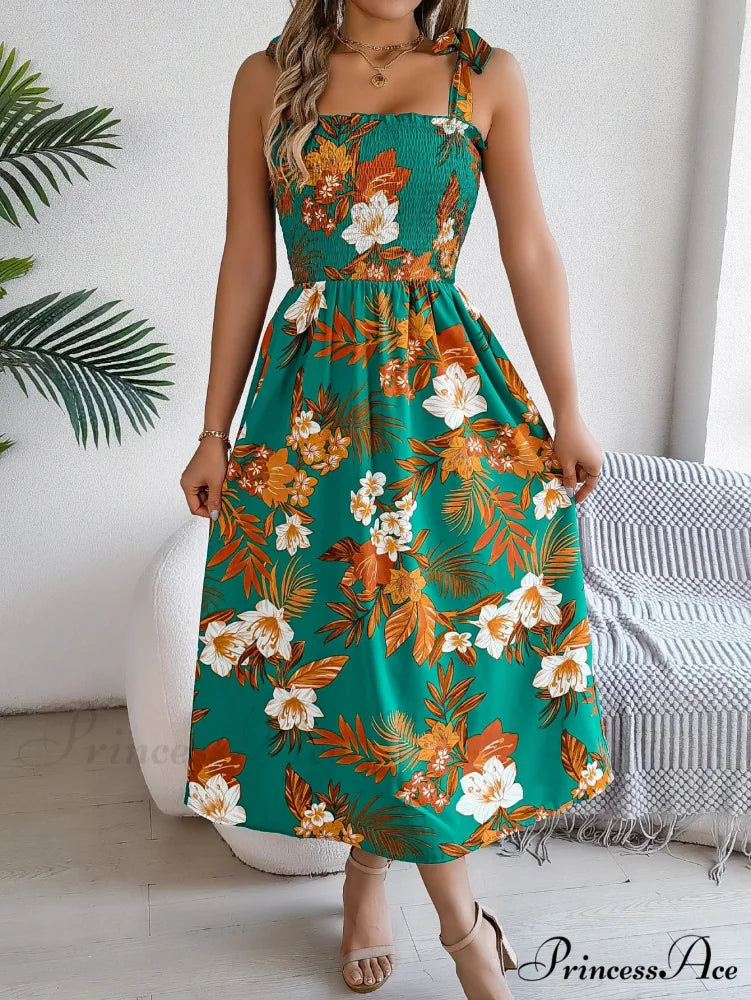 Flower Pattern Tie-up Sleeveless Holiday Flower Dress Green / S oldfloraldress-250126
