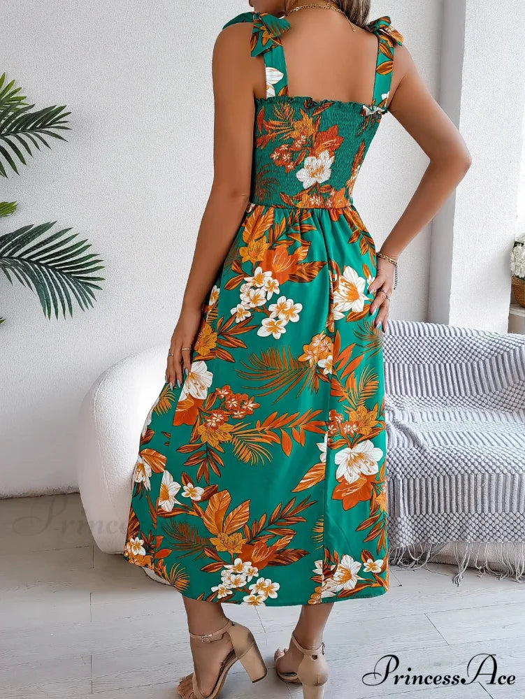 Flower Pattern Tie-up Sleeveless Holiday Flower Dress oldfloraldress-250126