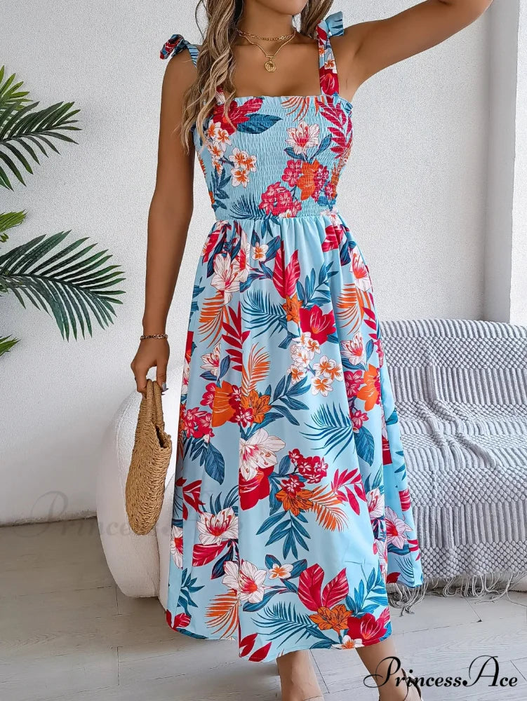 Flower Pattern Tie-up Sleeveless Holiday Flower Dress oldfloraldress-250126