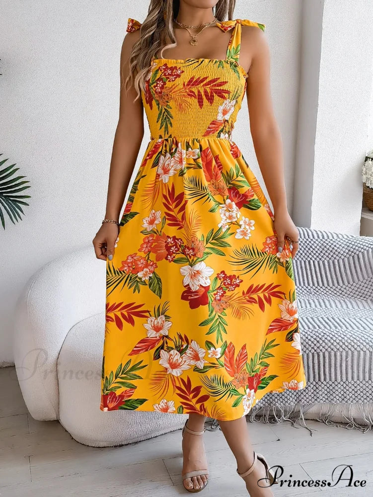 Flower Pattern Tie-up Sleeveless Holiday Flower Dress Yellow / S oldfloraldress-250126