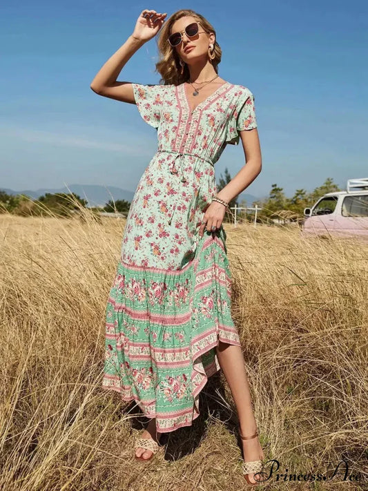Flower Pattern V-neck Button Pleated Rayon Bohemian Dress bohodress-250126