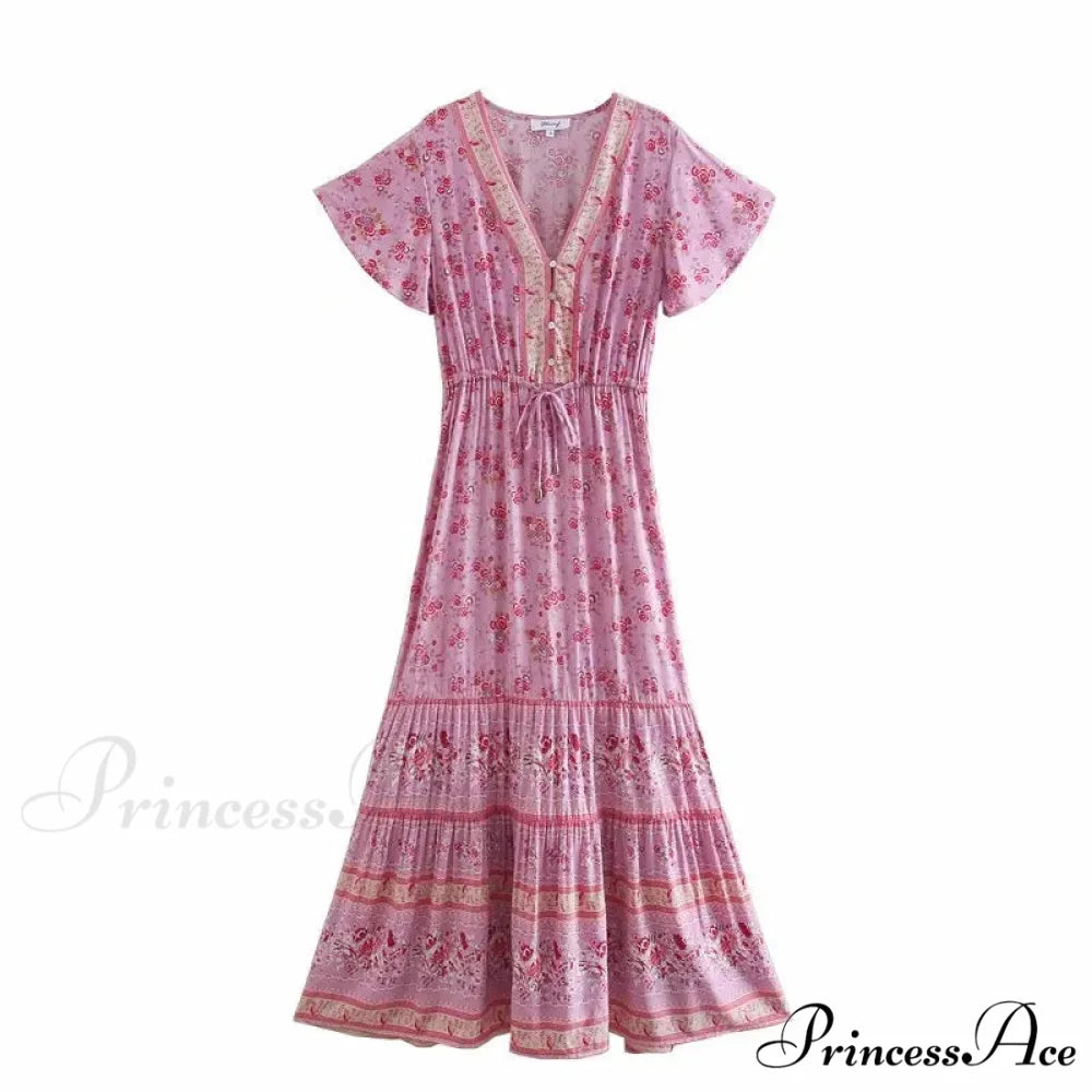 Flower Pattern V-neck Button Pleated Rayon Bohemian Dress PINK2 / S bohodress-250126