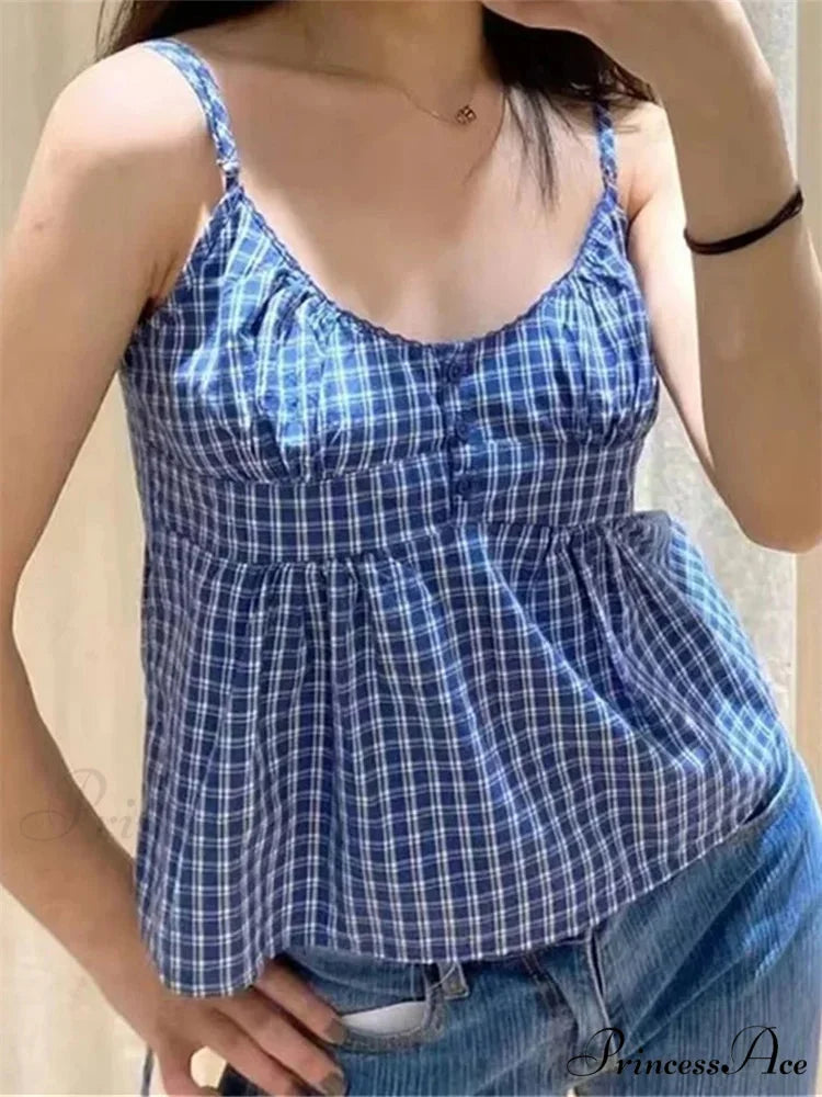 Flower Pattern V-neck Lace-up Spaghetti Crop Top BLUE / S croptop-250126