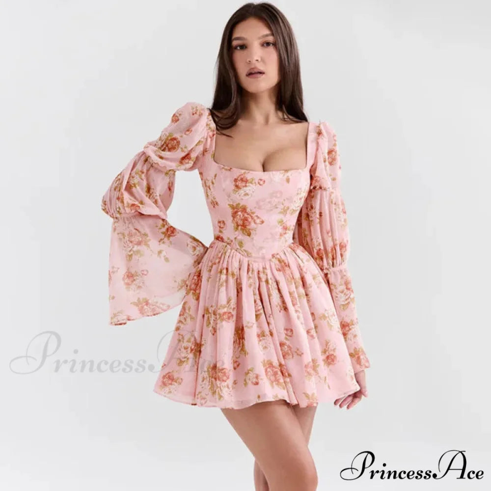 Flower Pattern Waist Wrap A-line Holiday Dress pink / S vacationdress-250223