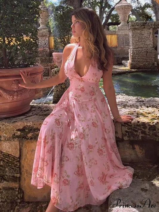 Flower Pattern Waist Wrap A-line Holiday Dress vacationdress-250223