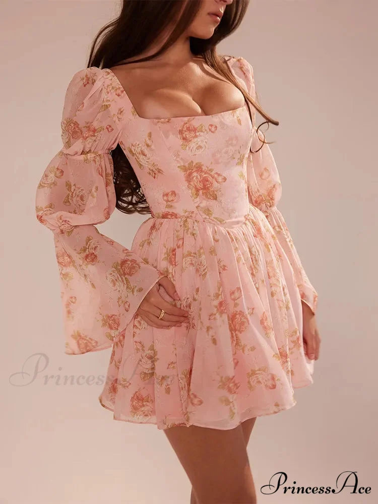 Flower Pattern Waist Wrap A-line Holiday Dress vacationdress-250223