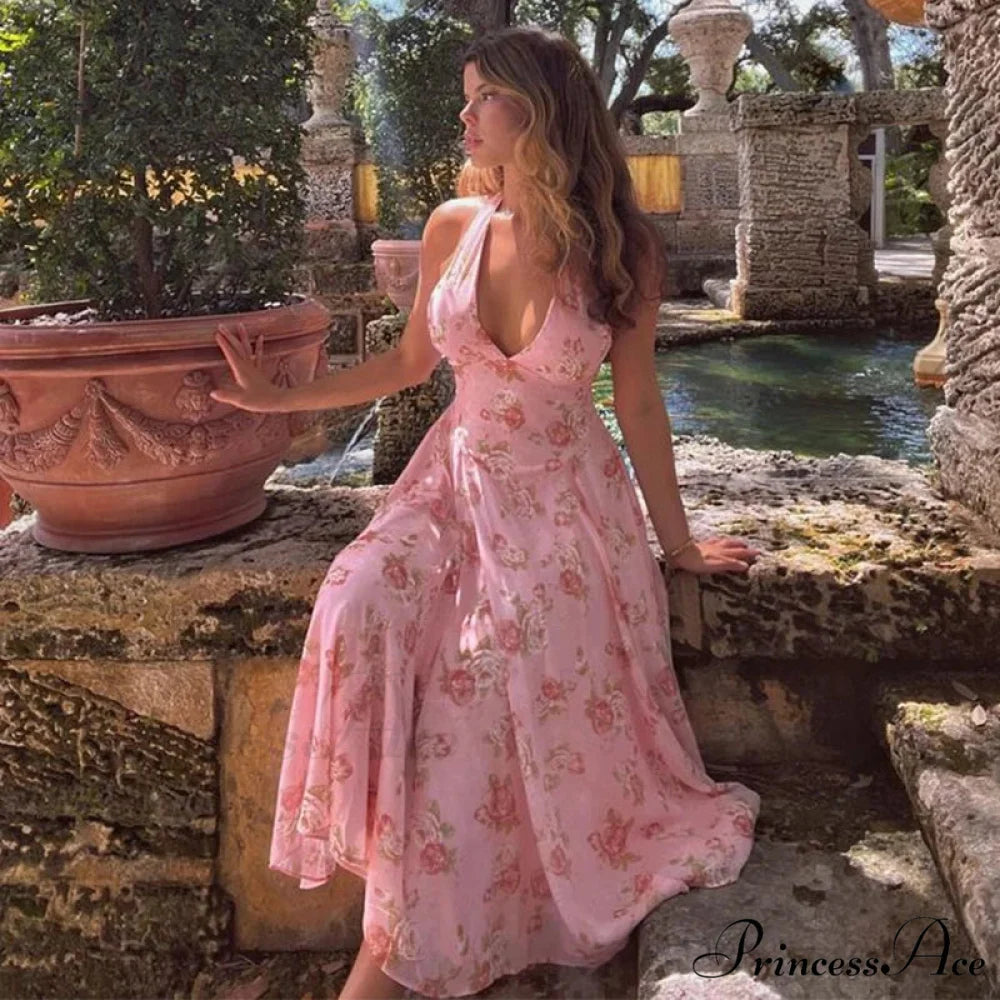 Flower Pattern Waist Wrap A-line Holiday Dress vacationdress-250223