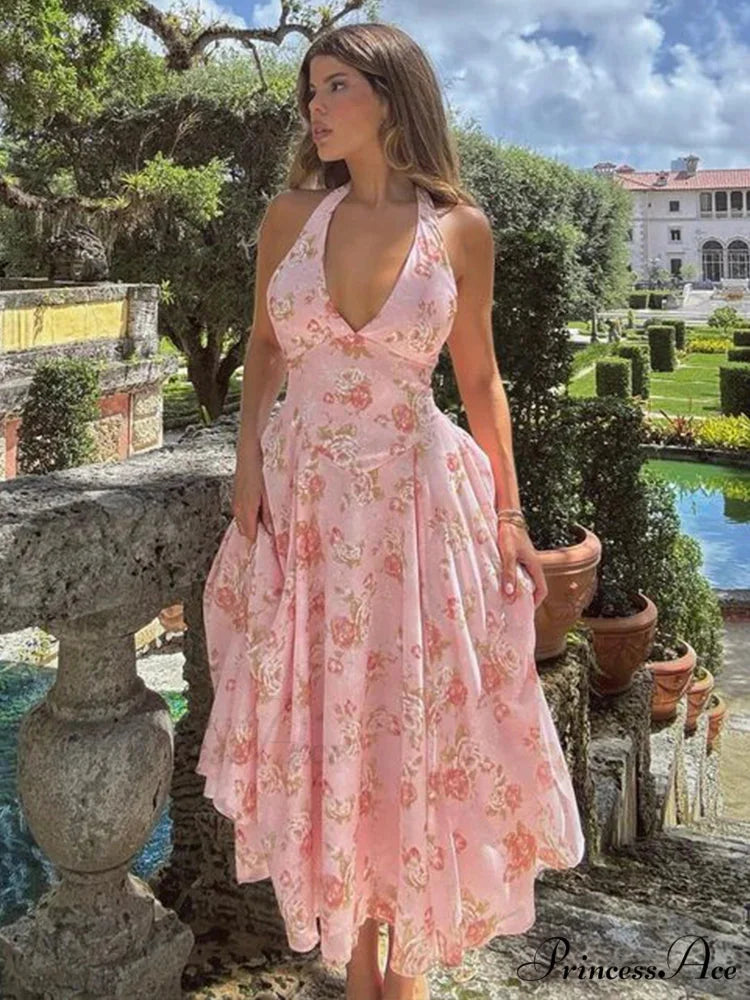 Flower Pattern Waist Wrap A-line Holiday Dress vacationdress-250223