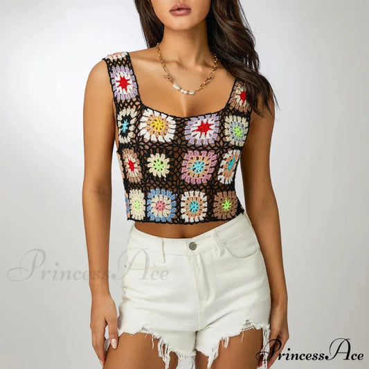 Flower Patterned Empty Crochet Knitted Crop Top Black / One Size croptop-250126