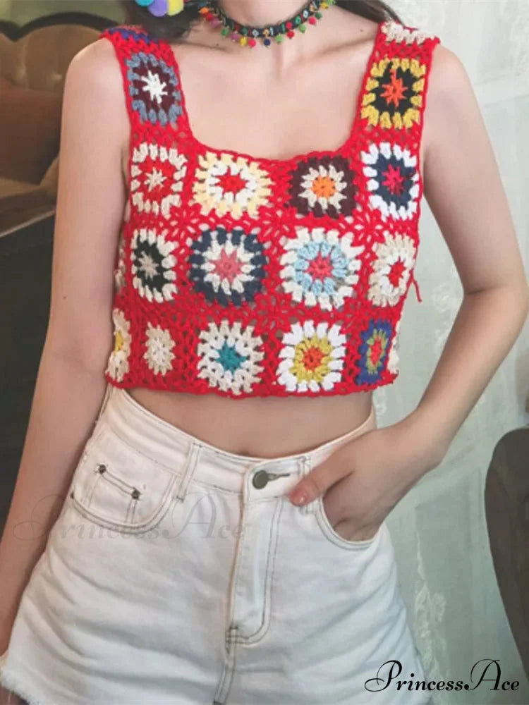 Flower Patterned Empty Crochet Knitted Crop Top Red / One Size croptop-250126