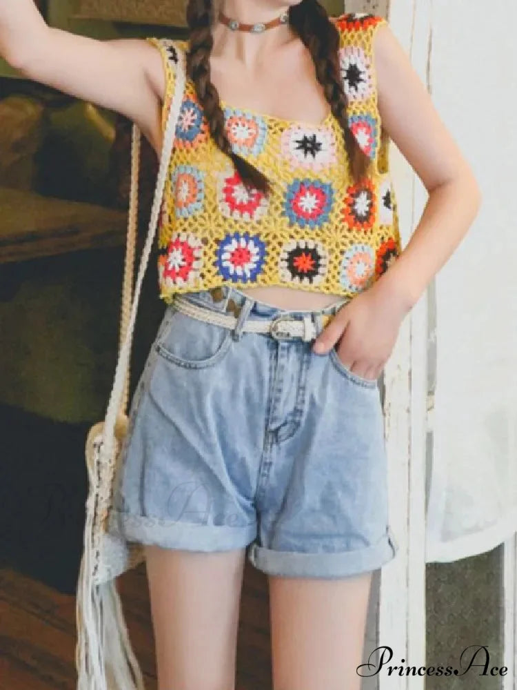 Flower Patterned Empty Crochet Knitted Crop Top Yellow / One Size croptop-250126
