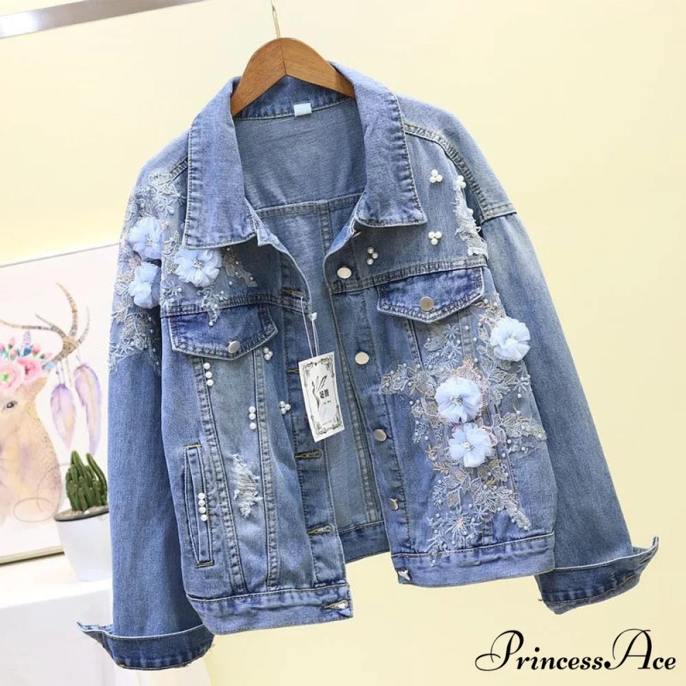 Flower Pearl Ripped Denim Jacket blue / S