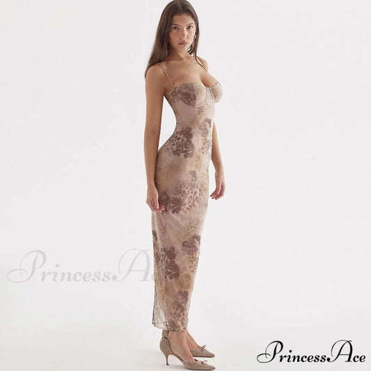Flower Print Lace Trim Spaghetti Classic Strap Bodycon Midi Dress - Pink M / Brown
