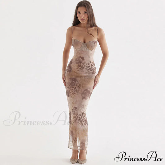 Flower Print Lace Trim Spaghetti Classic Strap Bodycon Midi Dress - Pink S / Brown