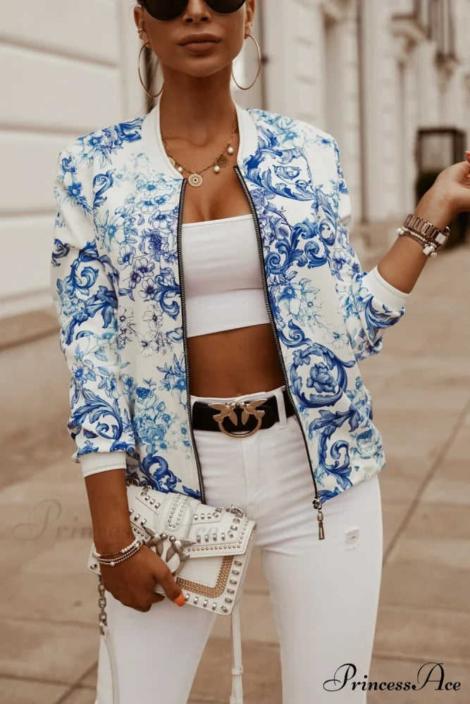 Flower Print Long Sleeve Coats Light Blue / S