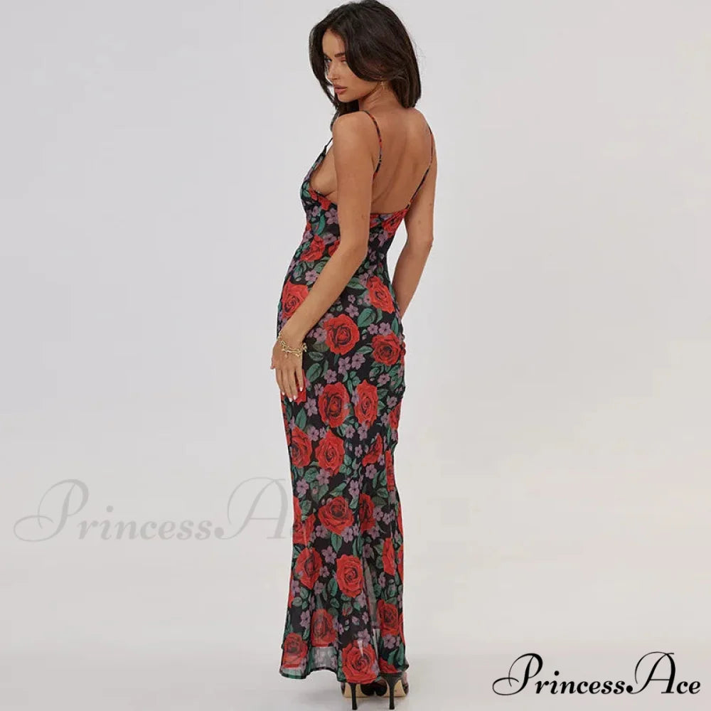 Flower Print Mesh Charming Slip Maxi Dress