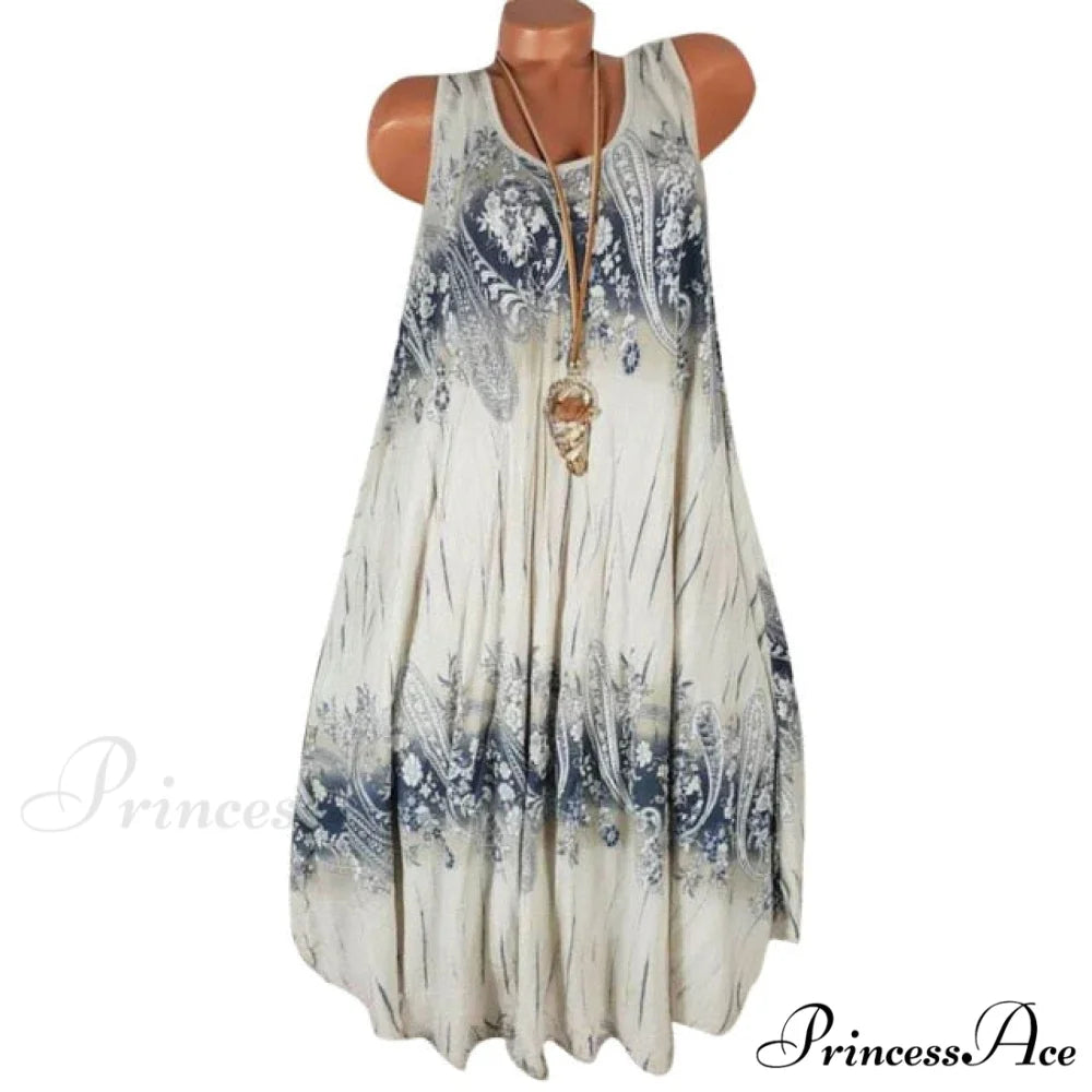 Flower Print Sleeveless Round Neck Loose Shift Dress Beige / M