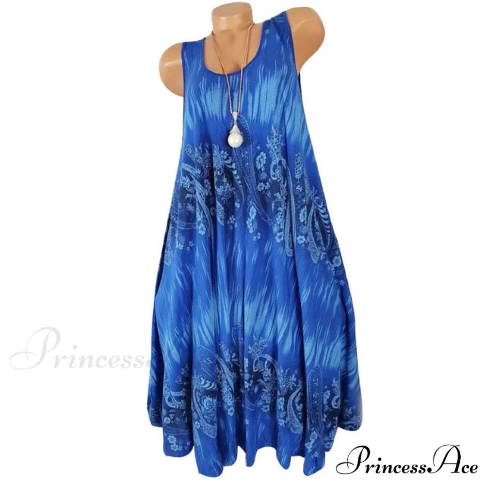 Flower Print Sleeveless Round Neck Loose Shift Dress Blue / M