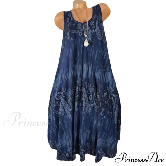 Flower Print Sleeveless Round Neck Loose Shift Dress Navy Blue / M