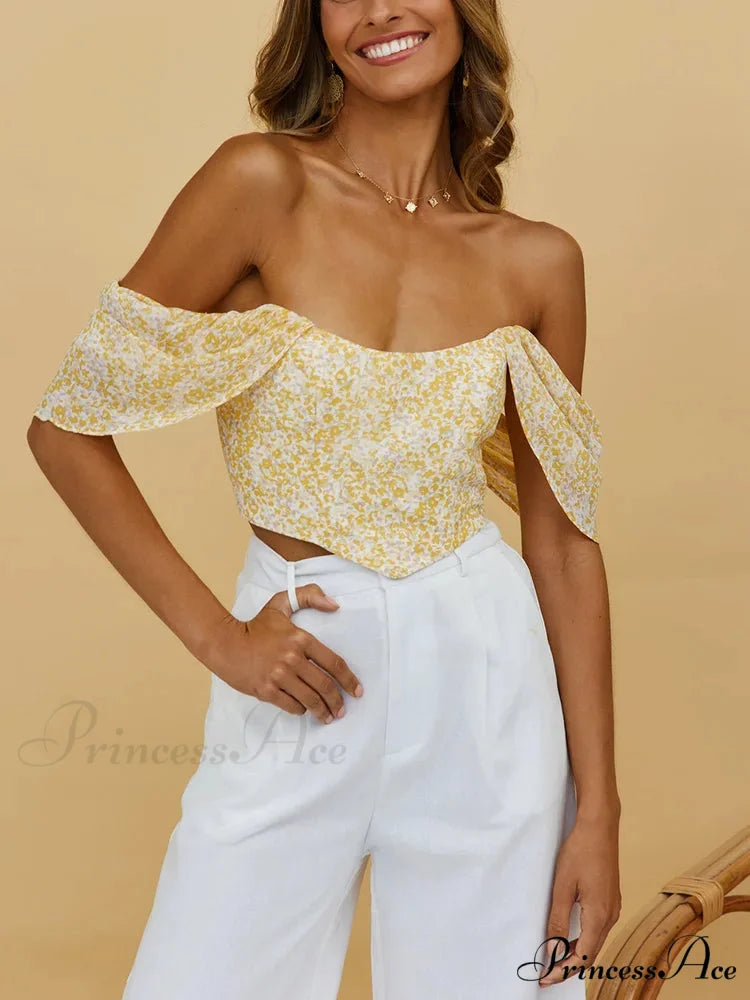 Flower Rounded Neck Off-Shoulder Zipper Back Tight Crop Top Yellow / S croptop-250126